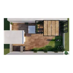 This top-down 3D render provides a clear architectural layout of a proposed terrace design. It helps in planning the functional flow of the space, showing the relationship between the seating area, green lawn, and barbecue station.