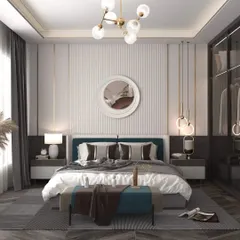 This contemporary bedroom showcases a mix of textures, with a fluted wall behind the bed, gold metal accents, and a stylish pendant light. The design includes a large mirror and a built-in wardrobe with a dark finish.