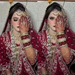 This pose beautifully highlights the bridal mehndi I designed, alongside the dramatic eye makeup and bold lip. It's a perfect example of how I coordinate the makeup and henna to create a complete, traditional bridal aesthetic.