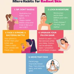 Radiant skin starts with small, consistent habits. This infographic shares five micro-habits, like sipping water, cleaning your phone, and using a satin pillowcase, that can make a significant difference in your skin's health and glow.