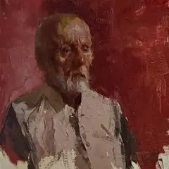 The completed portrait from the demonstration at Abhinav Kala Mahavidyalaya. This piece, done with expressive brushwork against a rich red background, shows the final result of the live session.