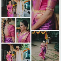 A collection of details from Namrata's bridal look, from her elegant purple silk saree and temple jewelry to the intricate braid. These shots celebrate the artistry of a South Indian bride.