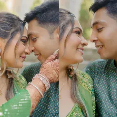 A diptych of a couple sharing an intimate moment during their mehndi ceremony. The close-up on their faces and the bride's intricate henna highlights the romance and tradition of the event.