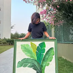 A moment of gratitude for my journey. This upcycled painting of banana leaves represents my evolution as an artist who loves to learn and try new things.