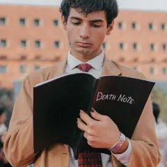 A cosplayer perfectly embodies Light Yagami from Death Note at Comic Con. I focus on capturing the details and personality that cosplayers pour into their creations, creating portraits that honor their craft.