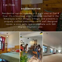 This is where you will stay during our Dharamshala retreat. The collage shows the comfortable bedroom, the cozy cafe for connecting with others, and the spacious yogshala with stunning panoramic mountain views.