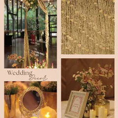 A collage of elegant wedding decor details, including a personalized acrylic welcome sign, a wall of floral strings, and candlelit table settings with vintage mirrors.