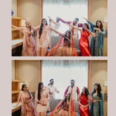 A fun and modern group photo of the bride and groom with their friends, all striking a "dab" pose together.