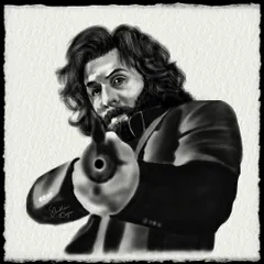 A charcoal sketch of Ranbir Kapoor from the movie "Animal." The dark, high-contrast style reflects the film's gritty and intense atmosphere.