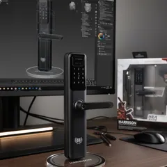 This image showcases the design process of our digital lock, from a 3D model on screen to the finished product. We set the standard with security that is both technologically advanced and timelessly stylish.