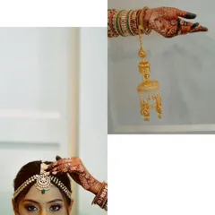 A focus on the traditional elements of a bride's look. This collage features a close-up of the matha patti and the symbolic kalire, details rich with cultural significance.