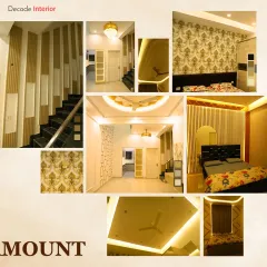 A collage of a paramount project, featuring royal and traditional design elements like damask wallpaper, wooden wall panels, and elegant lighting.