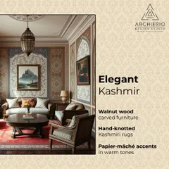 An interior inspired by the soulful elegance of Kashmir. The design features walnut wood carved furniture, hand-knotted Kashmiri rugs, and warm papier-mâché accents.