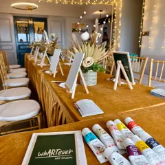 A closer look at the art supplies we provide for our guided painting sessions. We bring high-quality acrylic paints in a variety of colours and all the necessary materials, so you and your guests can just show up and start creating.