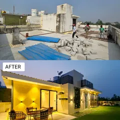 This before-and-after shows a complete structural and aesthetic overhaul. We turned a messy, unused space into a sophisticated outdoor area with a dedicated seating zone, vertical gardens, and a lush lawn.