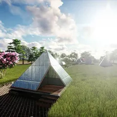 A rendering of the eco-resort 'living pods'. The simple, pyramidal forms with reflective skin are designed to camouflage into the natural setting, mirroring the changing sky and surrounding fields to create a temporary architecture that is one with its environment.