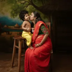 A mother's love, a son's kiss. This portrait, inspired by classic paintings, captures a beautiful moment between mother and child, dressed in traditional attire that celebrates their heritage.