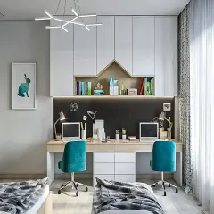 This shared study room features a long desk for two, complete with individual laptops and task lighting. The wall-mounted cabinets and open shelving provide plenty of storage for books and school supplies.