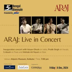 The poster for the inauguration concert of the Bengal Biennale in Kolkata, where my band Araj performed. It was an honor to be part of this celebration of heritage and art.