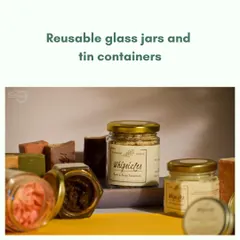 Our reusable glass jars and tin containers are sourced locally to reduce our carbon footprint. They are perfect for upcycling into storage for spices, jewelry, or other small treasures.