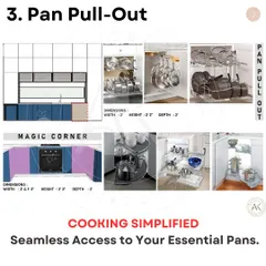 Next up are pan pull-outs and magic corners. These clever solutions make the most of hard-to-reach corner cabinets, bringing your pots, pans, and other cookware out to you for seamless access.