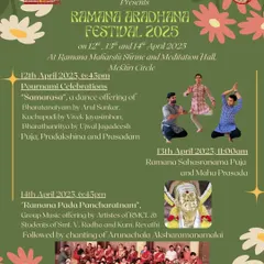 A floral-themed poster for the Ramana Aradhana Festival, detailing the three-day schedule of dance, music, and puja. It highlights the group music offering "Ramana Pada Pancharatnam" by our Centre's artistes.