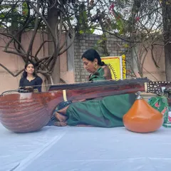 Performing with my veena at an outdoor SPIC MACAY concert at Christ University. These events for students are informal, energetic, and a wonderful way to connect with the youth.