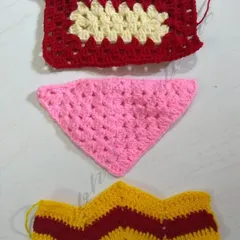 A few sample swatches demonstrating different crochet techniques, such as creating rectangles, triangles, and chevron patterns.