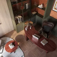 An overhead view showcases the unique, kidney-bean shape of the desk and the efficient layout of the workspace.