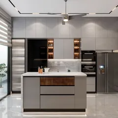 A render of a minimalist kitchen at Amaryllis, designed with a monochromatic gray scheme and brown wood accents. The island provides extra counter space, while decorative shelves outside the kitchen maintain aesthetic balance.