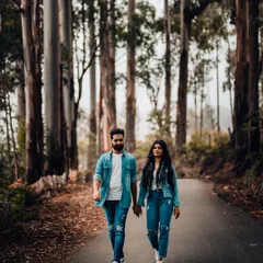 A casual stroll through a forest of towering trees. This pre-wedding photo captures the simple joy of walking hand-in-hand on your journey together.