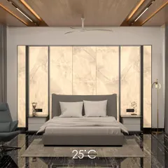 This bedroom design achieves a serene and luxurious feel with a backlit alabaster-style panel behind the bed. The soft, diffused light creates a calming glow, complemented by the sleek black marble flooring and minimalist furniture.