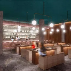 The main dining and bar area at CHAMPON. The design balances warm wood and cool stone with soft, ambient lighting to craft an atmosphere that is both sophisticated and serene, offering a calm escape from the city.