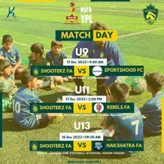 A match day announcement for our U-9, U-11, and U-13 teams in the KSFA Youth Premier League, detailing fixtures against multiple opponents.