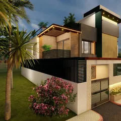 A dusk view of a modern bungalow concept, emphasizing how our lighting plans transform the building's character after sunset. Spotlights and strip lights highlight the architectural details and warm wood textures.