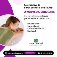 Say goodbye to harsh chemical peels and embrace Ayurvedic skincare. Our natural therapies, including the Navara facial, Swarnakanti, Kumkumadi facial, and mud packs, leave you with clear, radiant, and healthy skin.
