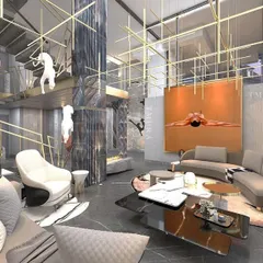 We believe in making bold statements. This multi-level living area showcases our ability to work with grand volumes, using dramatic marble, sculptural art installations, and custom grid lighting to create a space that is both monumental and inviting.