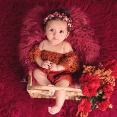 A striking portrait of a three-month-old baby girl. Dressed in a lacy red outfit with a matching floral headband, she sits in a small basket against a rich, textured red background.