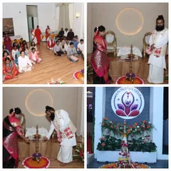 More scenes from the inauguration of our Spiritual Centre. This collage shows us lighting the lamp, participants seated in the new hall, and the beautiful floral decorations, highlighting the sacredness of the event.