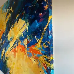 This abstract from my 'Confluence' series is all about the collision of energy. The vibrant yellows and deep blues clash and blend, creating a dynamic visual experience with thick, expressive palette knife work. This piece has been sold to a private collector.