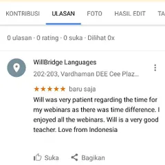 I work with students from all over the world, including online webinars. This review from a student in Indonesia shows my flexibility with time differences and my patient approach to teaching.