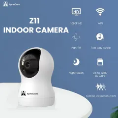 This is our Z11 indoor camera, highlighting its technical specifications. It provides 1080p HD video, pan and tilt functions, and supports up to a 128GB SD card for local storage.