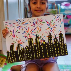 This cityscape collage took 3 hours of class time, but was it worth it? 100 percent! The kids created a fireworks display over the city using tiny strips of colored paper.