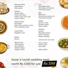 This graphic shows the diverse menu for an upcoming wedding food tasting experience. It features a mix of welcome drinks, starters, chaat, main courses, and desserts.