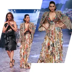 A collage from the finale of a Lakme Fashion Week show, featuring the designer with showstopper Karisma Kapoor. This format captures multiple key moments, from the runway walk to the final bow.
