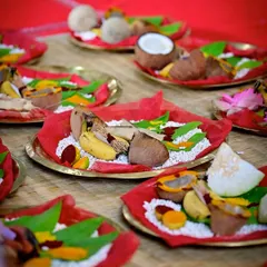 Plates of offerings prepared for the Shat Chandi Homa. Each offering, from coconuts to fruits, is arranged with care and devotion.