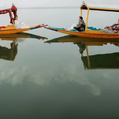 An artistic shot of two Shikara boats side-by-side on Dal Lake, creating a beautiful, symmetrical reflection in the water. This is a unique take on the classic Kashmir pre-wedding shoot.