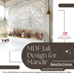 An elegant mandir design featuring a large, circular MDF jali backdrop with intricate patterns. The white finish provides a peaceful and pure look, perfect for a home prayer area.