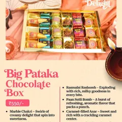 The Big Pataka Chocolate Box is a festive explosion of flavor. It features unique Indian-inspired chocolates like Rasmalai Rasbomb, Paan Sutli Bomb, and even a fiery Chocolate Mirchi Bomb.