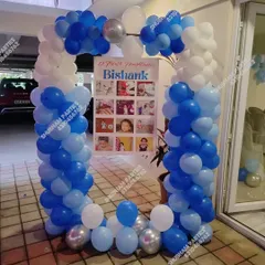 A square balloon frame in blue and white, designed to hold a personalized photo collage board.